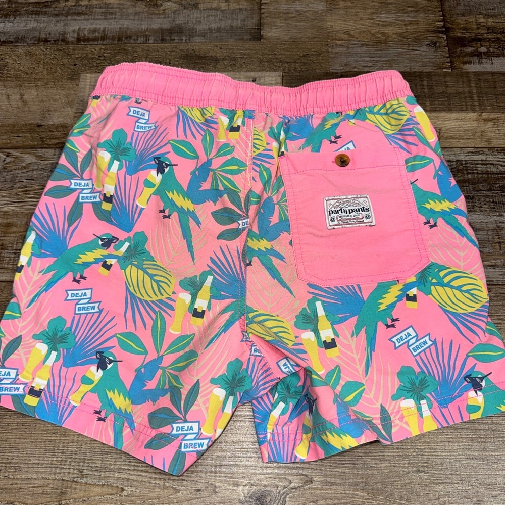 Party Pants Tropical Parrot Beer Print Swim Trunks Mens Small Pink - Picture 5 of 5